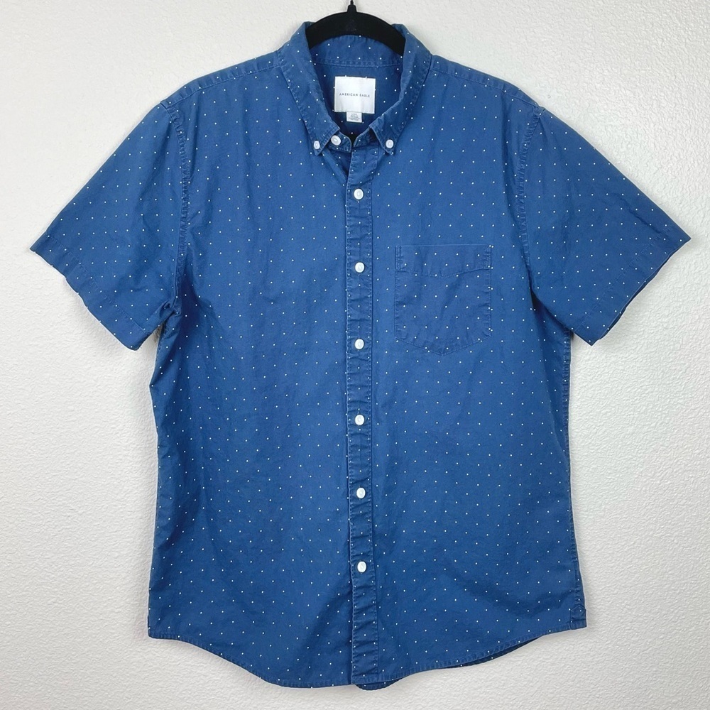 American Eagle Men's Large Blue Short Sleeve Collared Shirt Polka Dot Casual